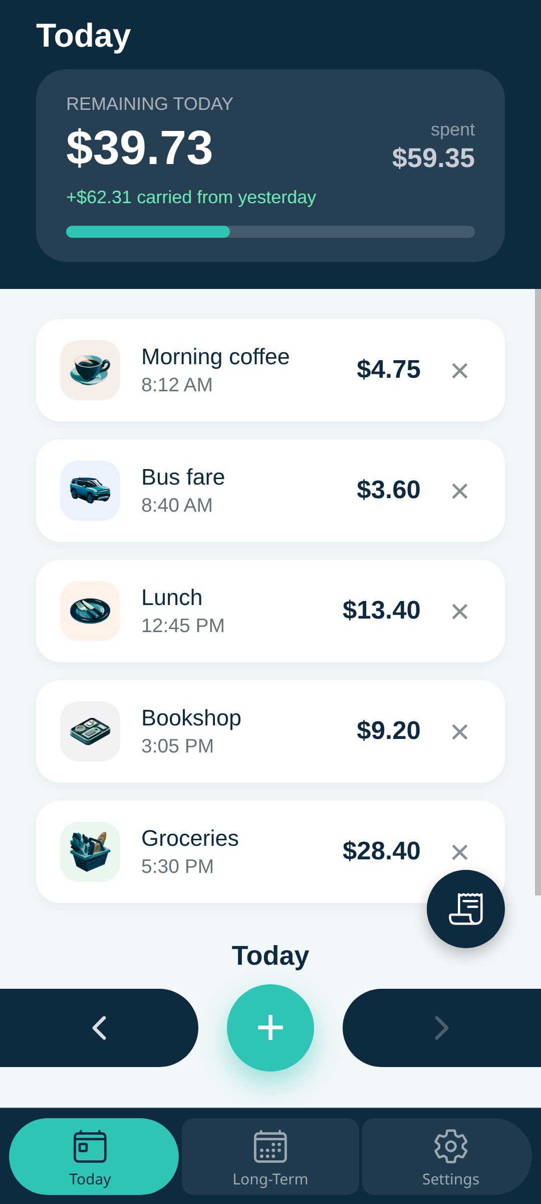 Daili’s Today screen: $39.73 remaining, $59.35 spent, and $62.31 carried from yesterday. Sample expenses.